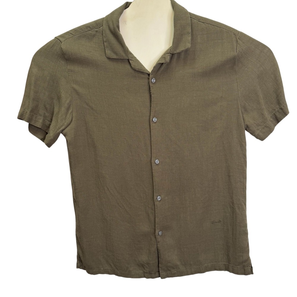 Porter & Ash Mens Linen Blend Short Sleeve Button Down Shirt Olive Green Medium